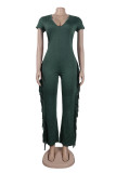 Casual Solid Tassel Patchwork V Neck Skinny Jumpsuits