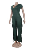 Casual Solid Tassel Patchwork V Neck Skinny Jumpsuits