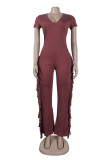 Casual Solid Tassel Patchwork V Neck Skinny Jumpsuits