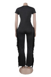 Casual Solid Tassel Patchwork V Neck Skinny Jumpsuits