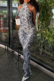 Sexy Print Backless O Neck Skinny Jumpsuits
