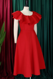 Elegant Solid Color Zipper Flounce O Neck Long Dresses