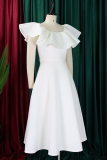 Elegant Solid Color Zipper Flounce O Neck Long Dresses