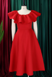 Elegant Solid Color Zipper Flounce O Neck Long Dresses