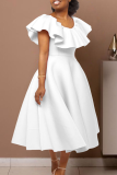 Elegant Solid Color Zipper Flounce O Neck Long Dresses