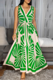 Casual Print Backless Strap Design V Neck Long Dresses