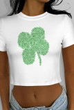 Casual Print Four Leaf Clover Shamrock Contrast O Neck T-Shirts