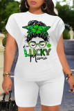 Casual Letter Print Cartoon Four Leaf Clover O Neck Short Sleeve Two Pieces