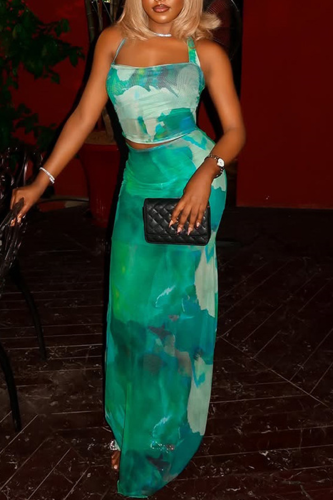 Elegant Print Backless Strap Design Halter Sleeveless Two Pieces