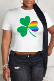 Casual Print Four Leaf Clover Shamrock Contrast O Neck T-Shirts