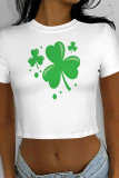 Casual Print Four Leaf Clover Shamrock Contrast O Neck T-Shirts