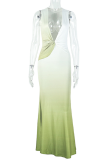 Elegant Gradient Color Ruched Deep V Neck Long Dresses