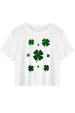 Casual Print Four Leaf Clover Shamrock Contrast O Neck T-Shirts