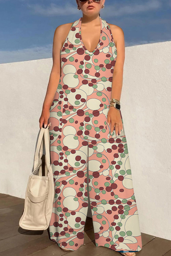 Casual Geometric Print Pocket Lace Up Backless Halter Loose Jumpsuits