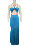 Sexy Solid Color Fringed Trim Hollow Out Halter Long Dresses