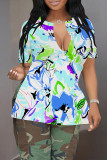 Casual Geometric Print Contrast V Neck T-Shirts