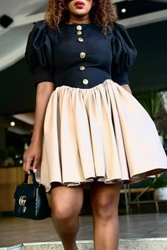 Casual Pocket Buckle O Neck Princess Dresses