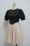 Casual Pocket Buckle O Neck Princess Dresses