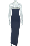 Sexy Backless Ruched Contrast Halter Long Dresses