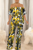 Sexy Floral Print Pocket Flounce Off Shoulder Loose Jumpsuits