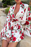 Sexy Print Ruched Strap Design Cardigan Collar Long Sleeve Two Pieces