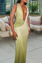 Elegant Gradient Color Ruched Deep V Neck Long Dresses