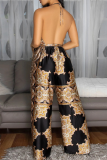 Sexy Print Backless Strap Design Halter Loose Jumpsuits