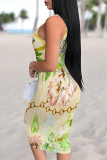 Sexy Geometric Print Flowers Contrast U Neck Printed Dresses