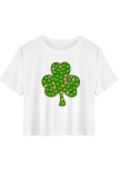 Casual Print Four Leaf Clover Shamrock Contrast O Neck T-Shirts