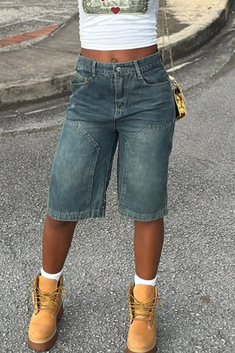 Casual Solid Color Pocket Mid Waist Straight Denim Jeans