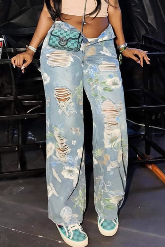 Sexy Print Ripped Mid Waist Straight Denim Jeans