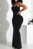 Sexy Solid Color Hot Drill Spaghetti Strap Long Dresses