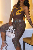 Sexy Print Patchwork Oblique Collar Sleeveless Two Pieces
