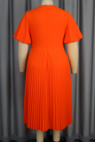 Elegant Solid Color With Belt Pleated O Neck Long Plus Size Dresses