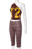 Sexy Print Patchwork Oblique Collar Sleeveless Two Pieces
