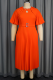 Elegant Solid Color With Belt Pleated O Neck Long Plus Size Dresses