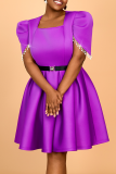 Boho Solid Color With Belt Beaded Square Neck Long Plus Size Dresses