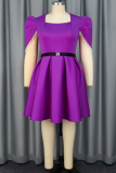 Boho Solid Color With Belt Beaded Square Neck Long Plus Size Dresses
