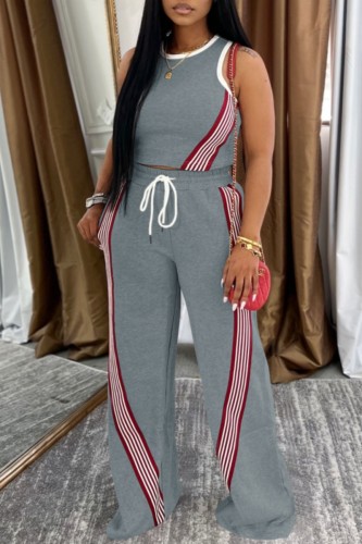 Casual Sportswear Daily Striped Print Patchwork O Neck Sleeveless Two Pieces