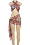 Sexy Print Hollow Out Halter Wrapped Skirt Dresses