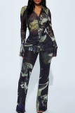 Casual Print Buckle Turndown Collar Long Sleeve Two Pieces