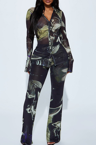 Casual Print Buckle Turndown Collar Long Sleeve Two Pieces