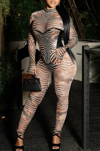 Sexy Print Zipper Mandarin Collar Skinny Jumpsuits