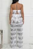 Sexy Casual Patchwork Fringed Trim Sequins See-Through Backless Strapless Sleeveless Two Pieces