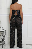 Sexy Casual Patchwork Fringed Trim Sequins See-Through Backless Strapless Sleeveless Two Pieces