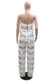 Sexy Casual Patchwork Fringed Trim Sequins See-Through Backless Strapless Sleeveless Two Pieces