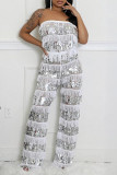 Sexy Casual Patchwork Fringed Trim Sequins See-Through Backless Strapless Sleeveless Two Pieces