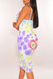 Sexy Flowers Print Contrast V Neck Wrapped Skirt Dresses