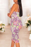 Sexy Flowers Print Contrast V Neck Wrapped Skirt Dresses