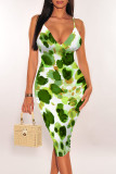 Sexy Flowers Print Contrast V Neck Wrapped Skirt Dresses